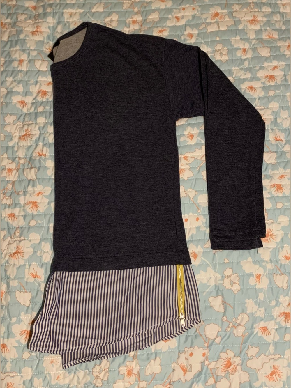 Fever Navy Long-Sleeve Layered Top with Striped Hem and Yellow Zip